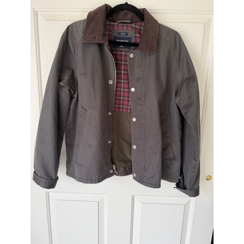 Abercrombie & Fitch Cropped Workwear Jacket Gray Corduroy Collar Plaid Lined S